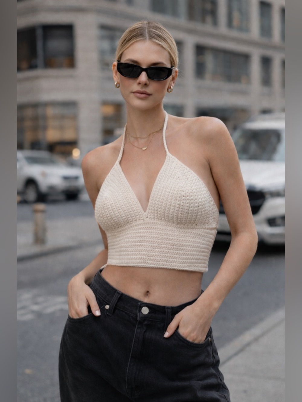 Handmade Crochet Halter Crop Top Cream Bamboo Blend Boho Tie Back Small